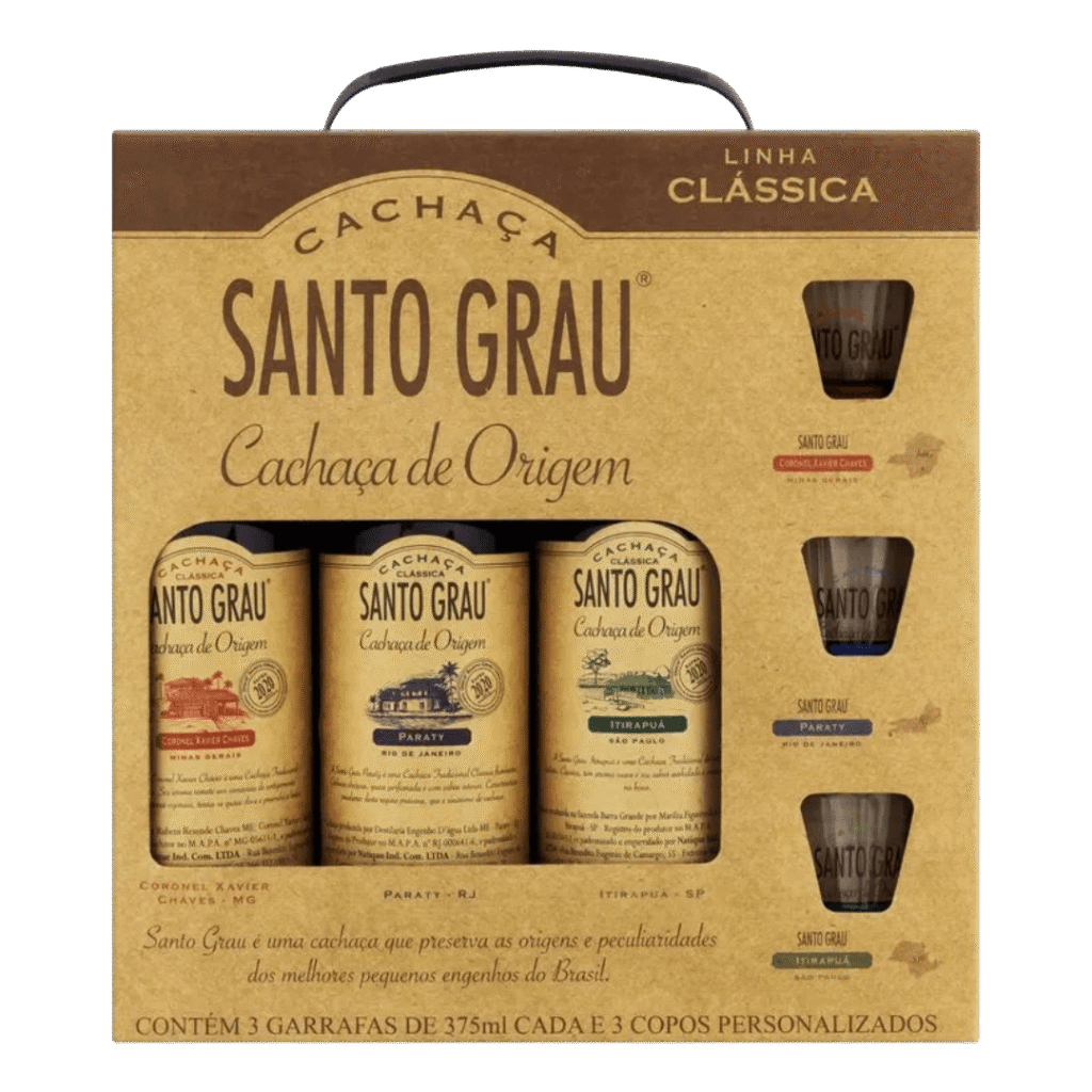 Kit Cachaça Santo Grau com 3 Garrafas 375ml + 3 Copos