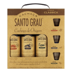 Kit Cachaça Santo Grau com 3 Garrafas 375ml + 3 Copos